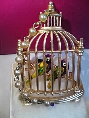 Chain of Pearls on Gold Birdcage 2 Purple Enamel Birds Brooch